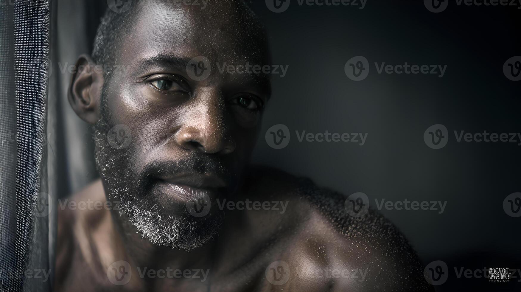 Portrait of hopeful african american man emerging from shadows photo