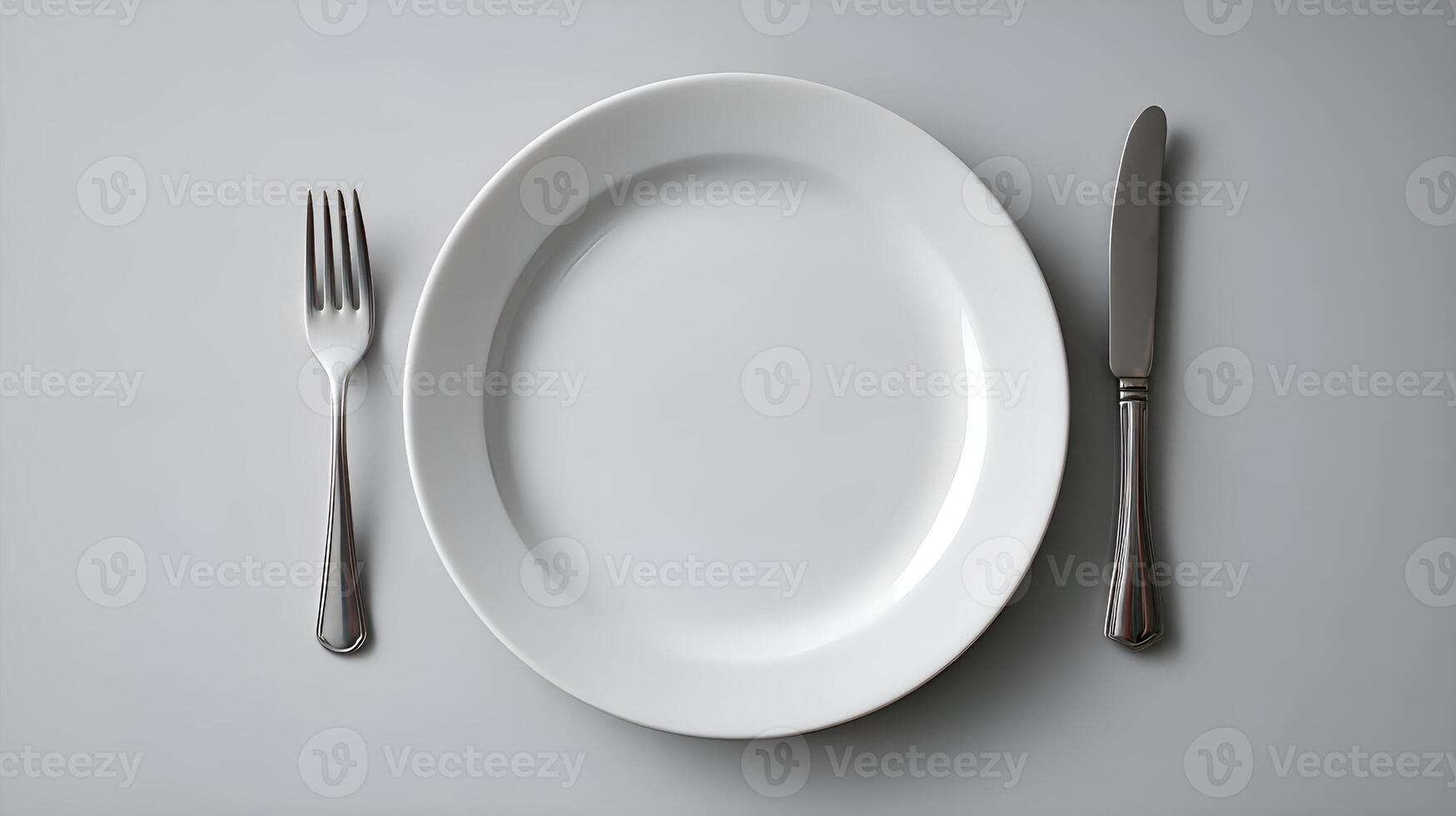 Empty plate with fork and knife on gray background photo