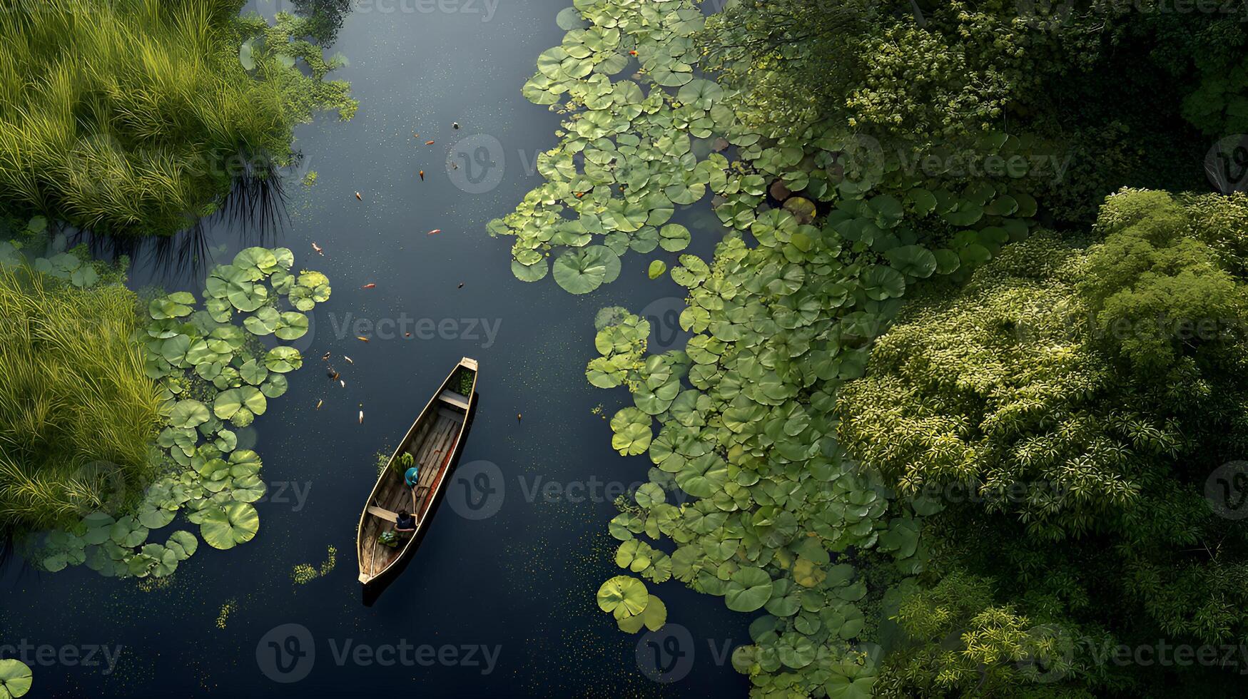 Fishermen navigating a serene river through lush lily pads photo