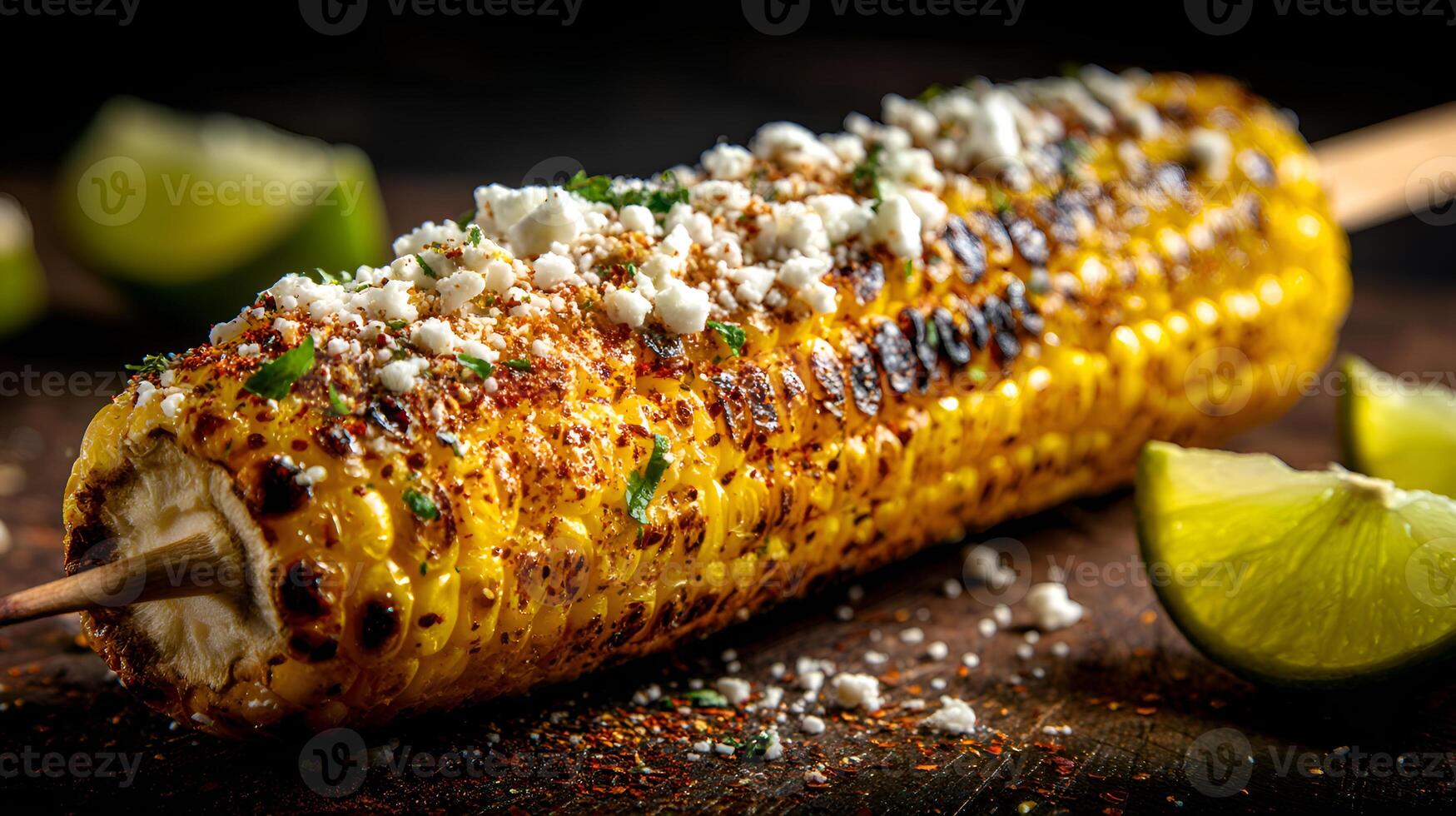 Grilled corn on the cob with chili, cheese, and lime, mexican elote street food photo