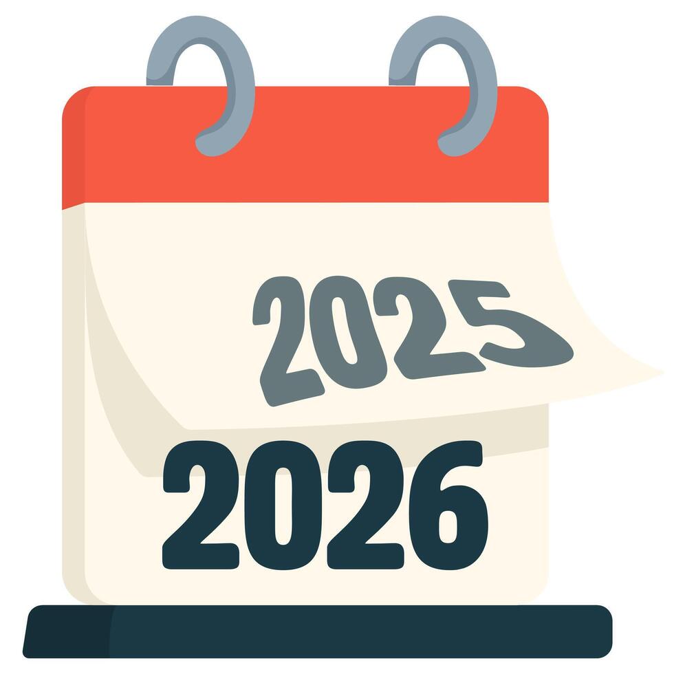 Desktop calendar turning from 2025 to 2026, flat minimal style with red top spiral and clean typography vector