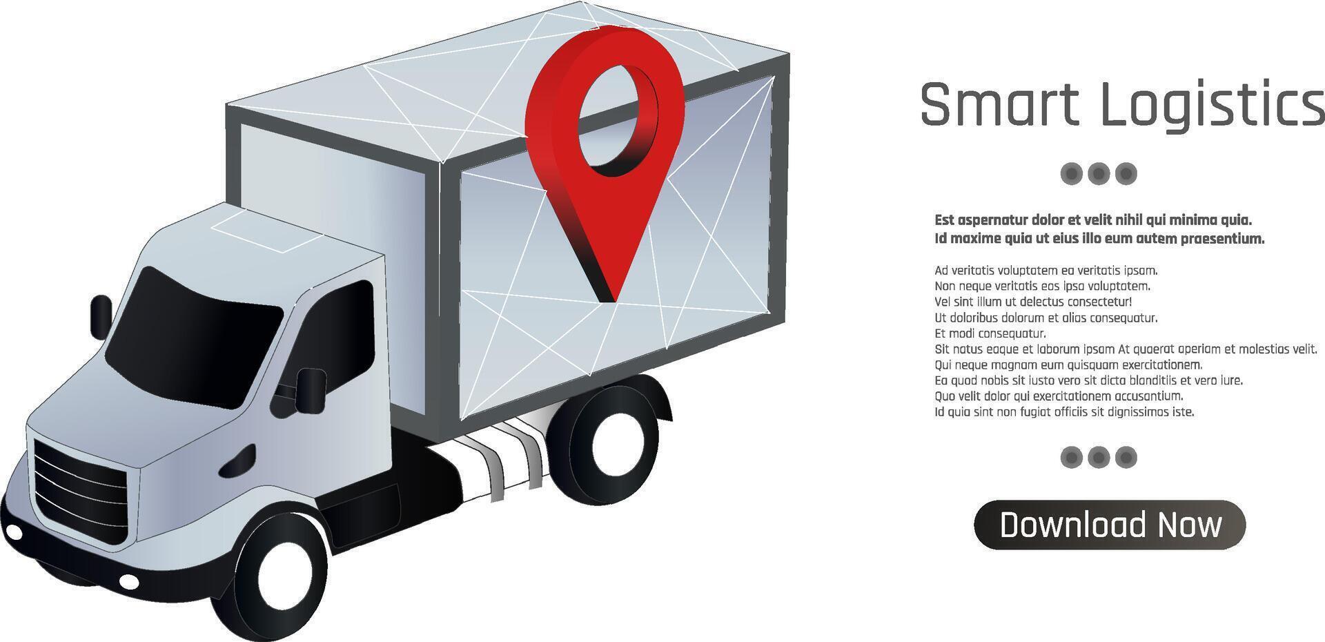 A logistics truck is shown carrying a large cargo box, featuring a prominent location marker. This symbolizes innovative solutions in supply chain management and transportation services. vector