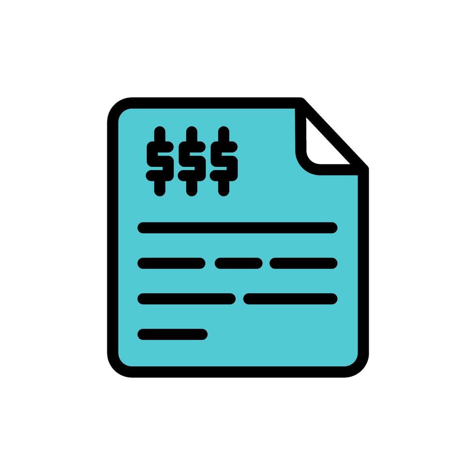 Flat icon of an invoice or bill document with dollar signs and lines, blue background and black outline. Ideal for finance, billing, receipt, or accounting purposes. vector