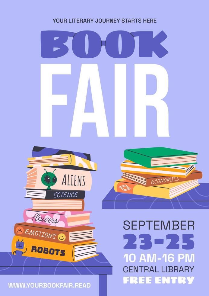 Book fair or festival vertical poster for advertising, promotion. Stacks of various books. Hand drawn banner design for educational events, World Book Day, Back to School concepts. vector