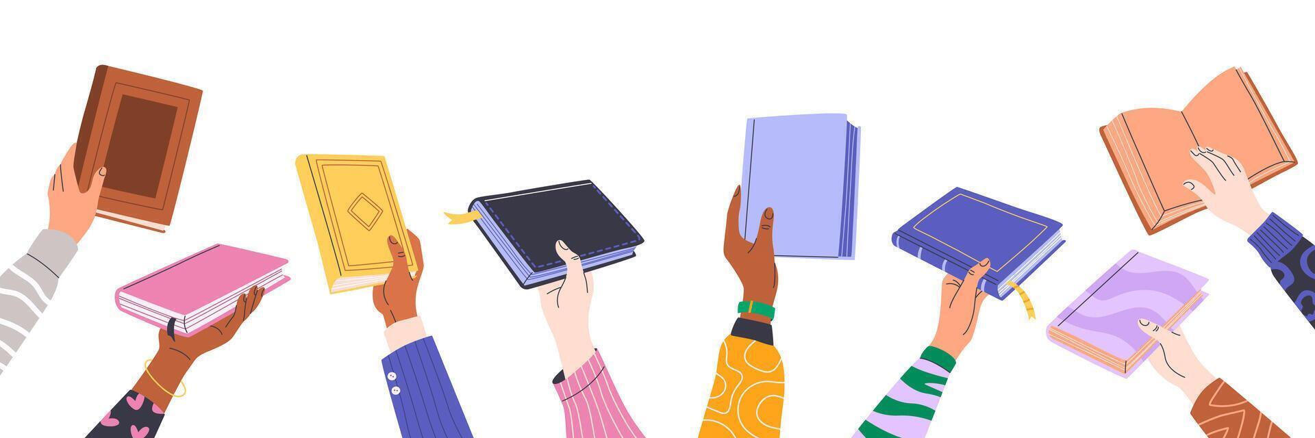 Book exchange or bookcrossing web banner. Human hands holding various books on white background. Literature event, book club, World Book Day, Back to School. Education and knowledge concept. vector