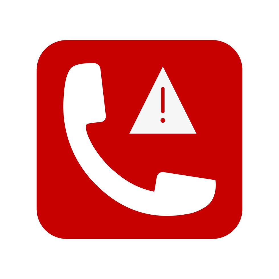 Emergency call icon with white phone receiver and exclamation mark on red square, warning vector