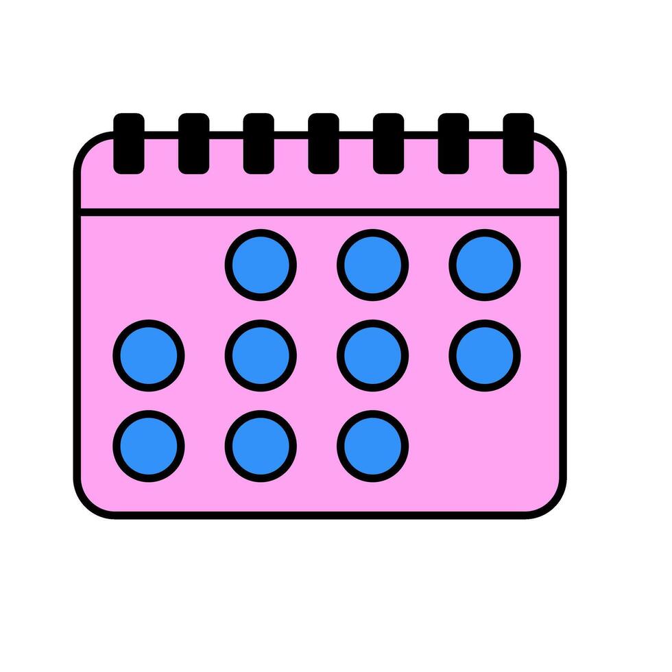 Pink calendar icon with blue circles marking dates, appointment reminder, schedule planner symbol vector