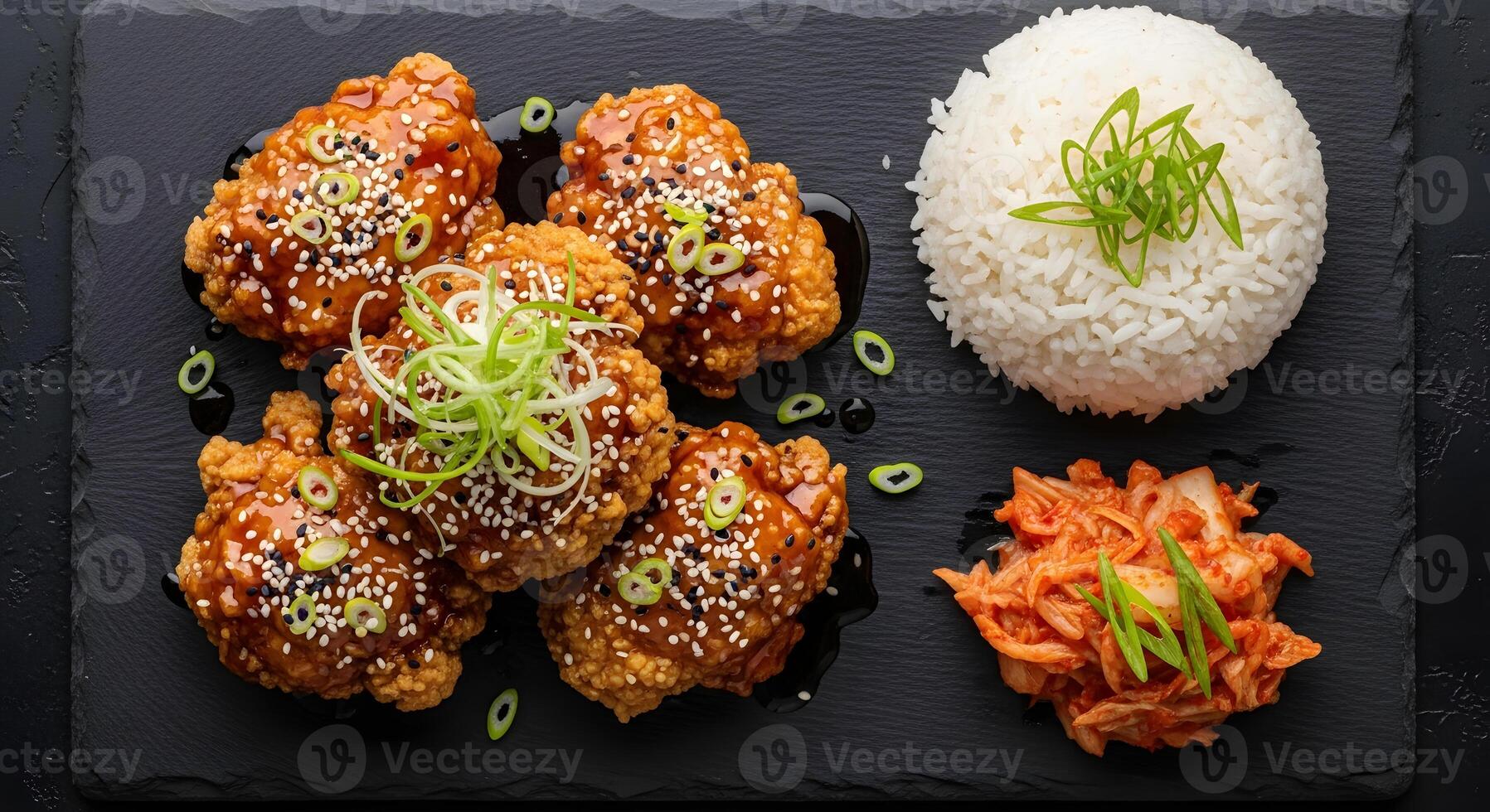 Chicken wings with sauce and rice on a black slate photo