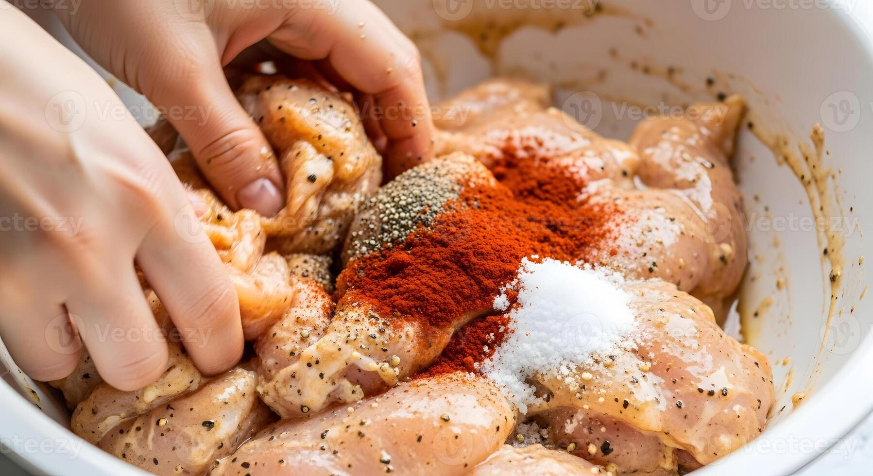 A person is adding spices to chicken in a bowl photo