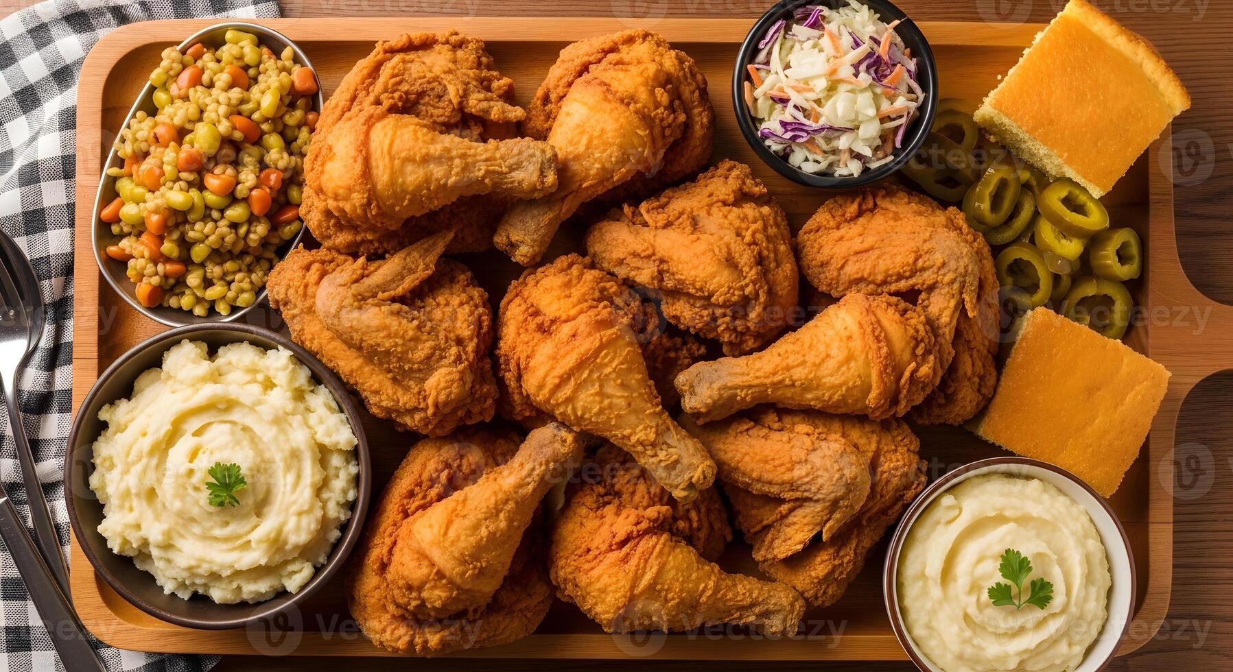 A tray of fried chicken, mashed potatoes, and other sides photo
