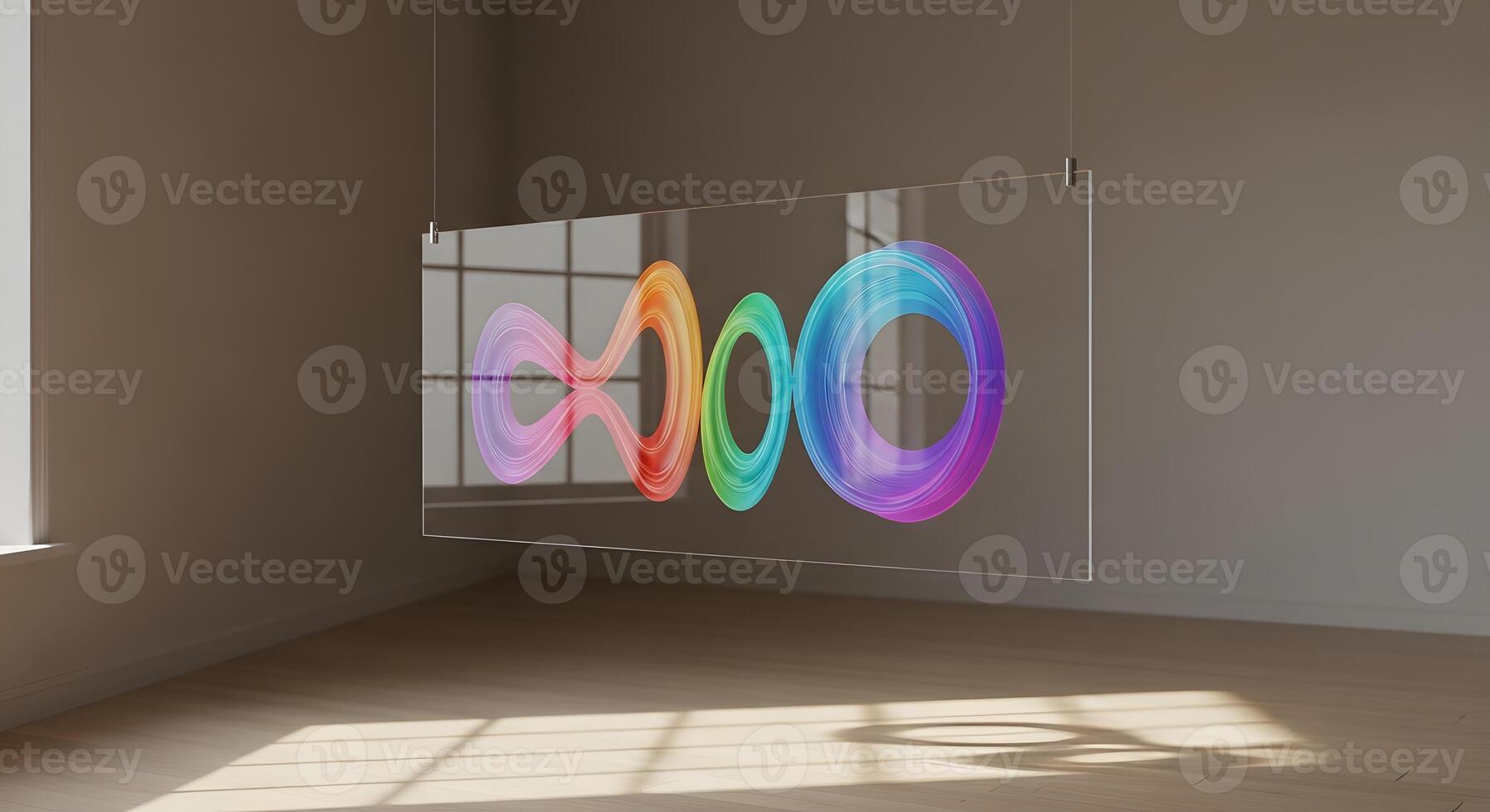 A glass display with a rainbow colored circle on it photo