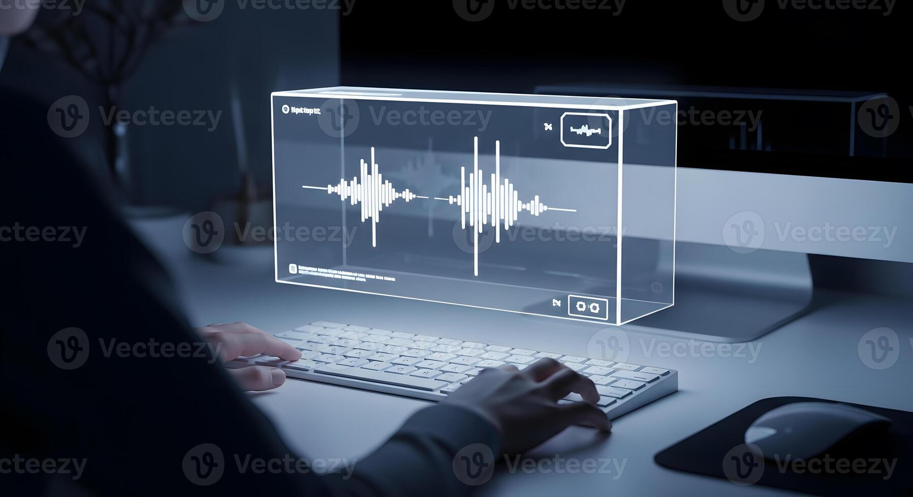 A person typing on a keyboard with a sound wave on the screen photo