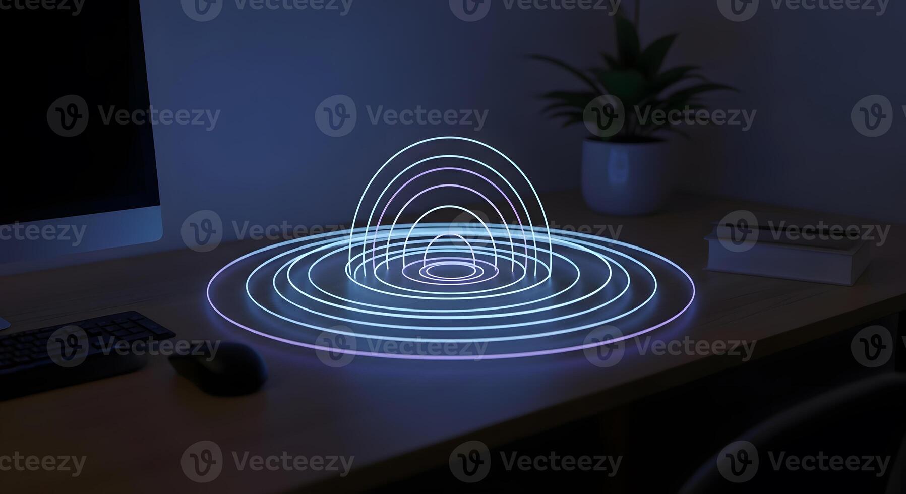A computer desk with a glowing circle on it photo