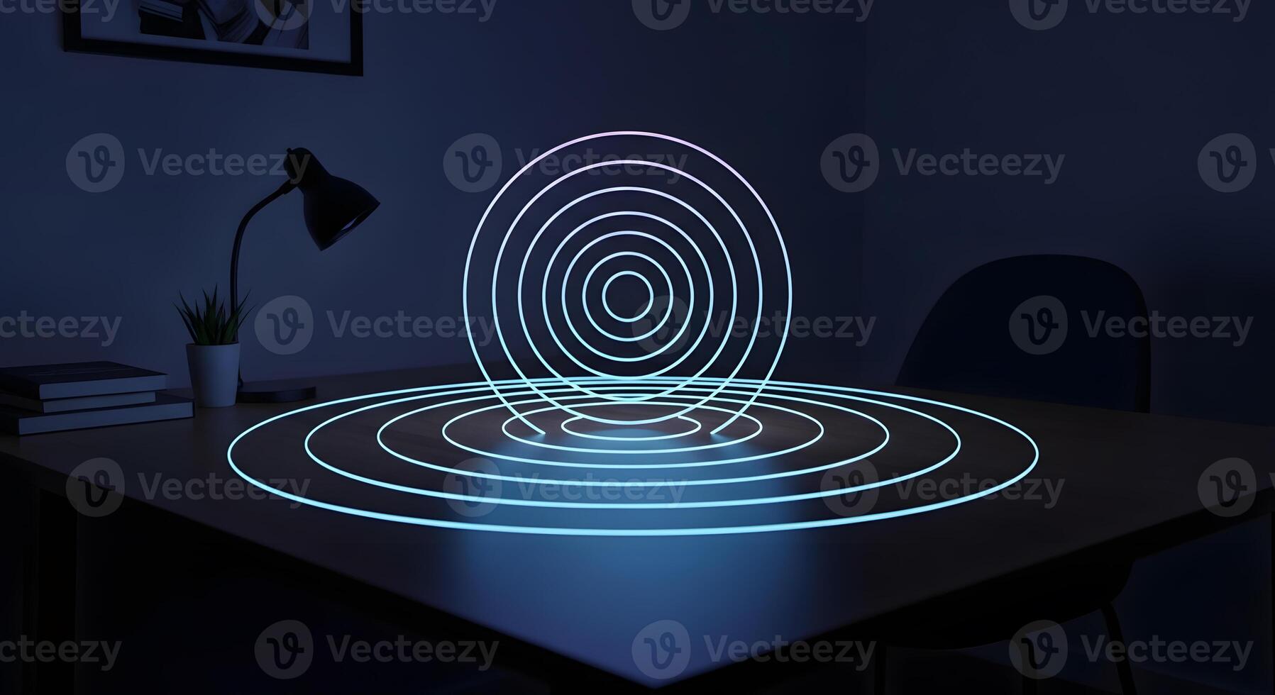 A table with a glowing circle on it photo