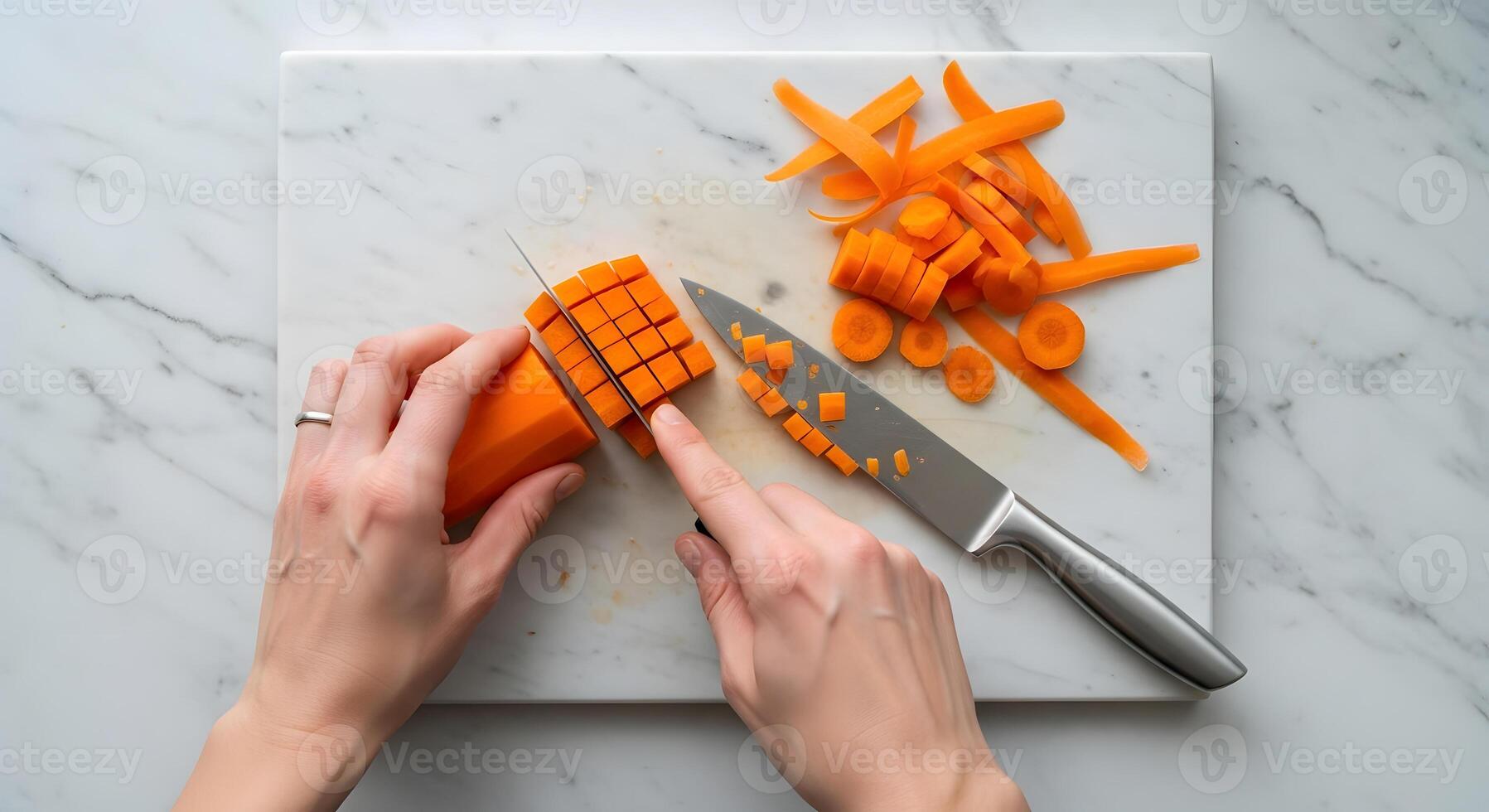 A person cutting carrots with a knife photo