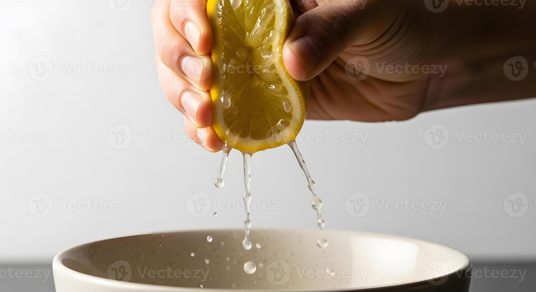 A person holding a lemon slice over a bowl photo