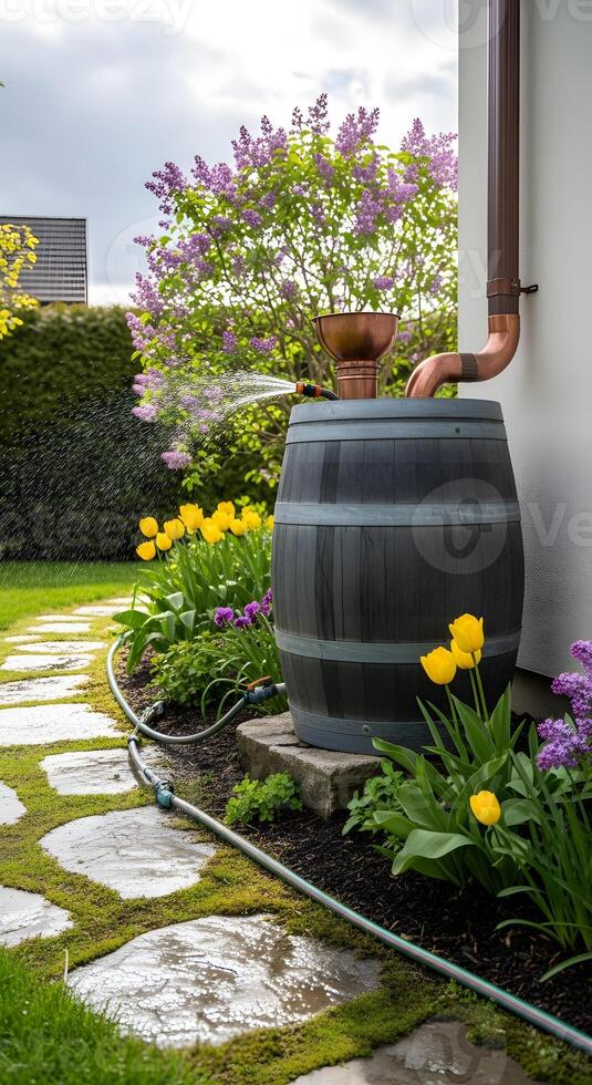 A water barrel sitting in a garden photo