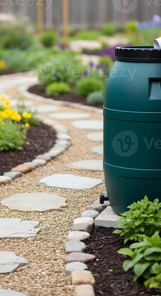 A green rain barrel sitting on a path photo