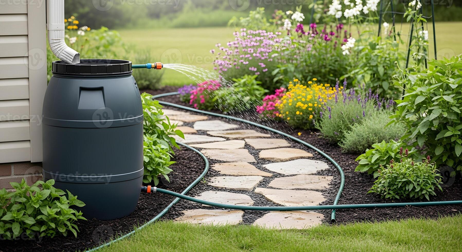 A garden hose is connected to a rain barrel photo
