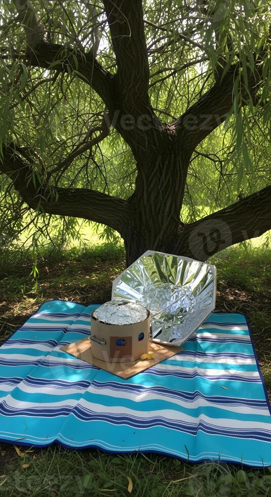 A picnic blanket on the ground next to a tree photo