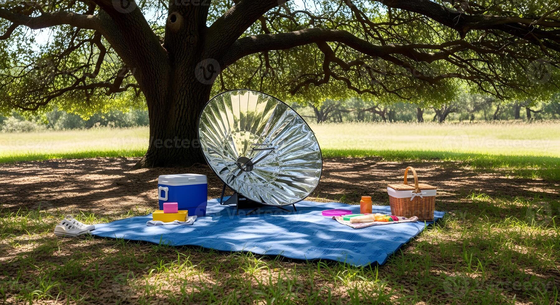A picnic table with a sun shade and a cooler photo
