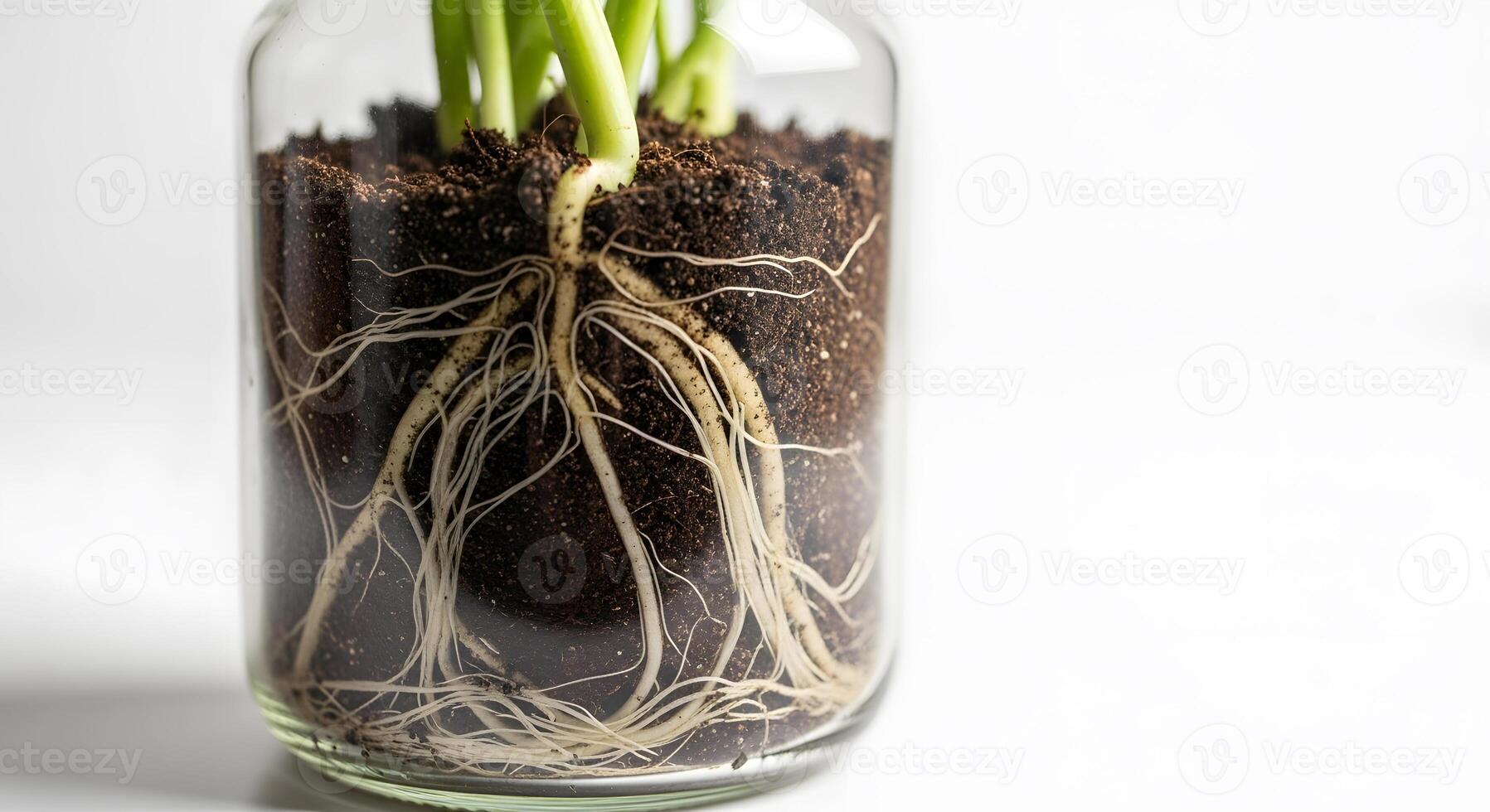 A jar with soil and roots of plants photo