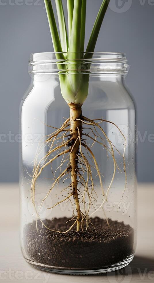 A plant with roots in a glass jar photo