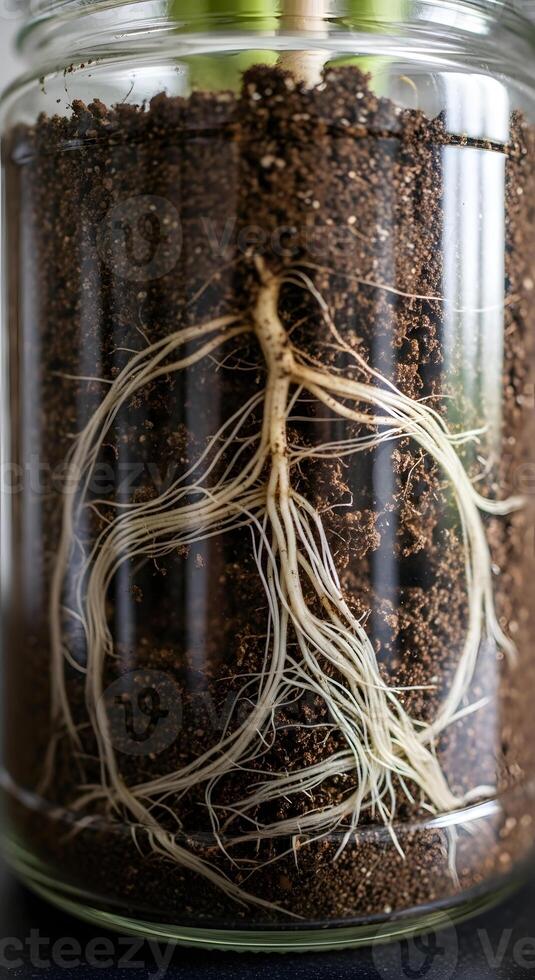 A plant in a jar with soil and roots photo