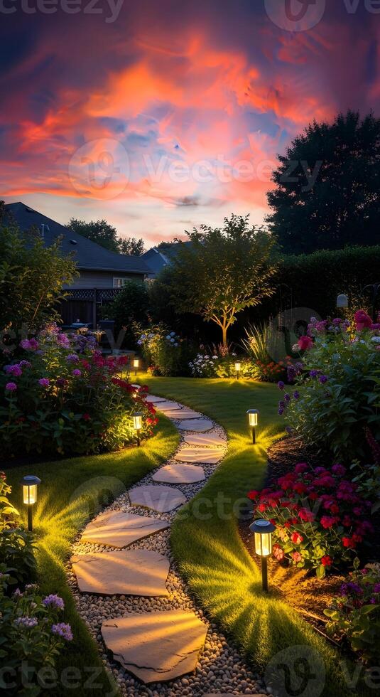 A pathway with lights in the garden at dusk photo