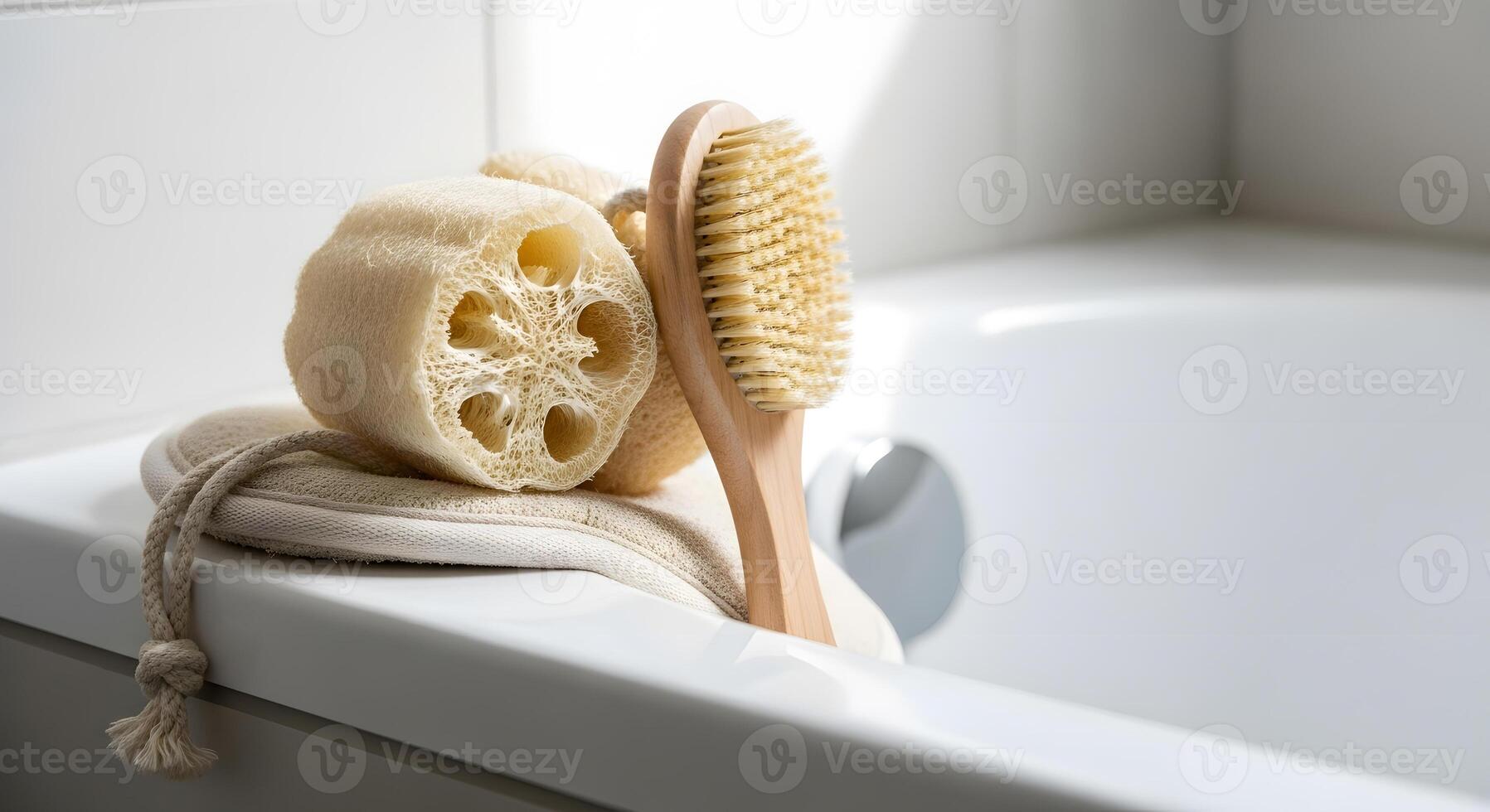 A wooden brush and a towel sitting on top of a bathtub photo