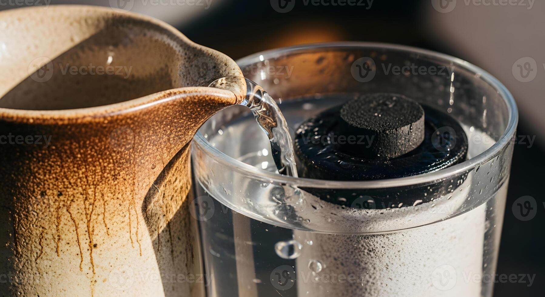 A pitcher of water with a black lid sitting next to a glass photo