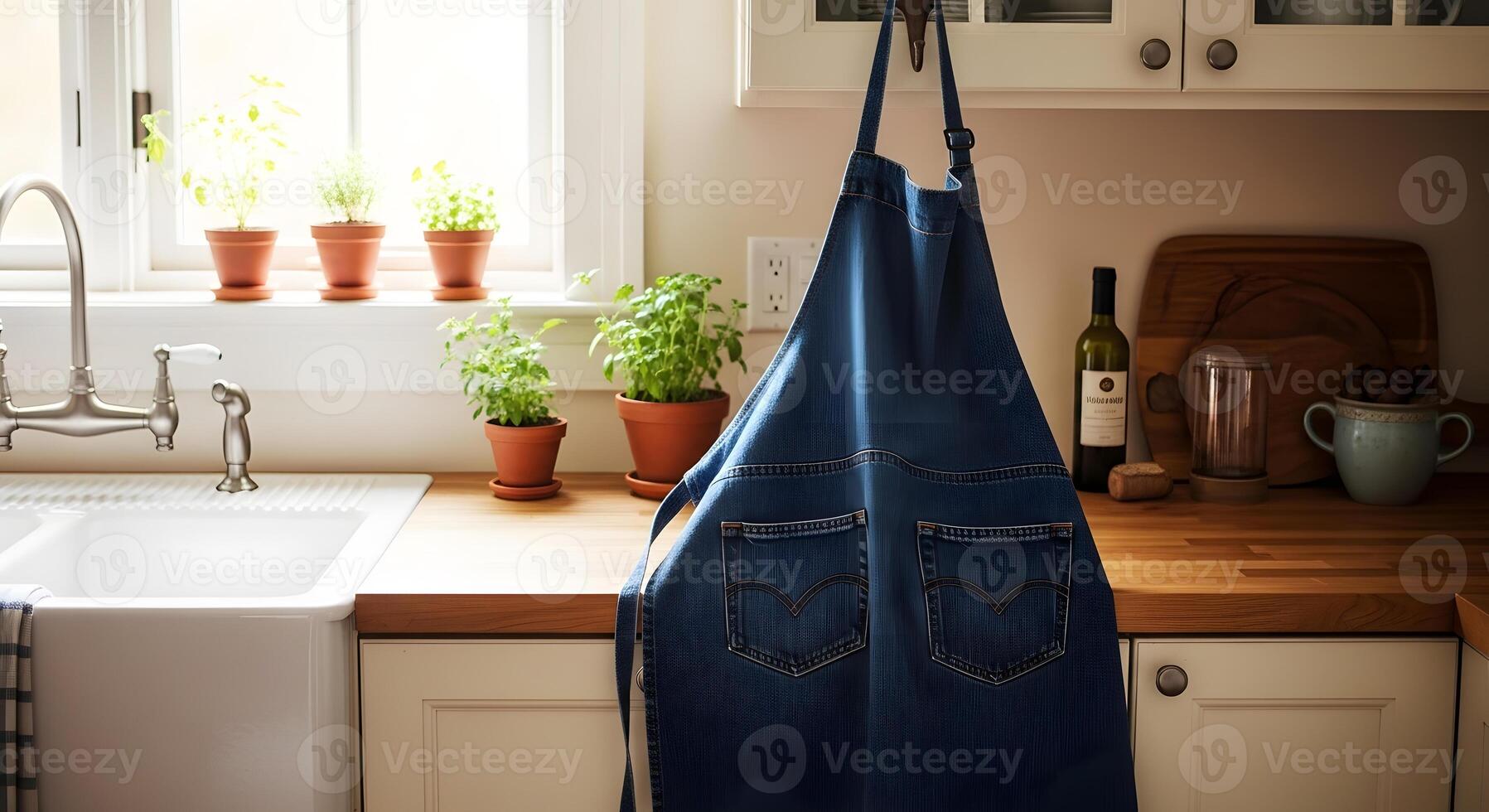 A blue apron hanging on a kitchen counter photo