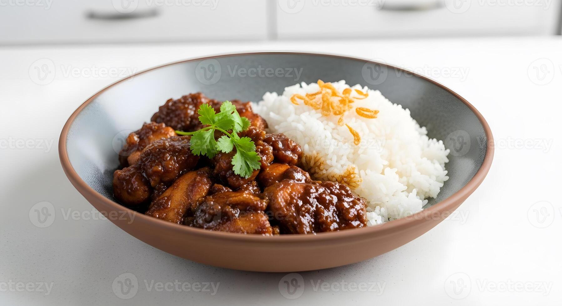 Chicken curry with rice in a bowl photo