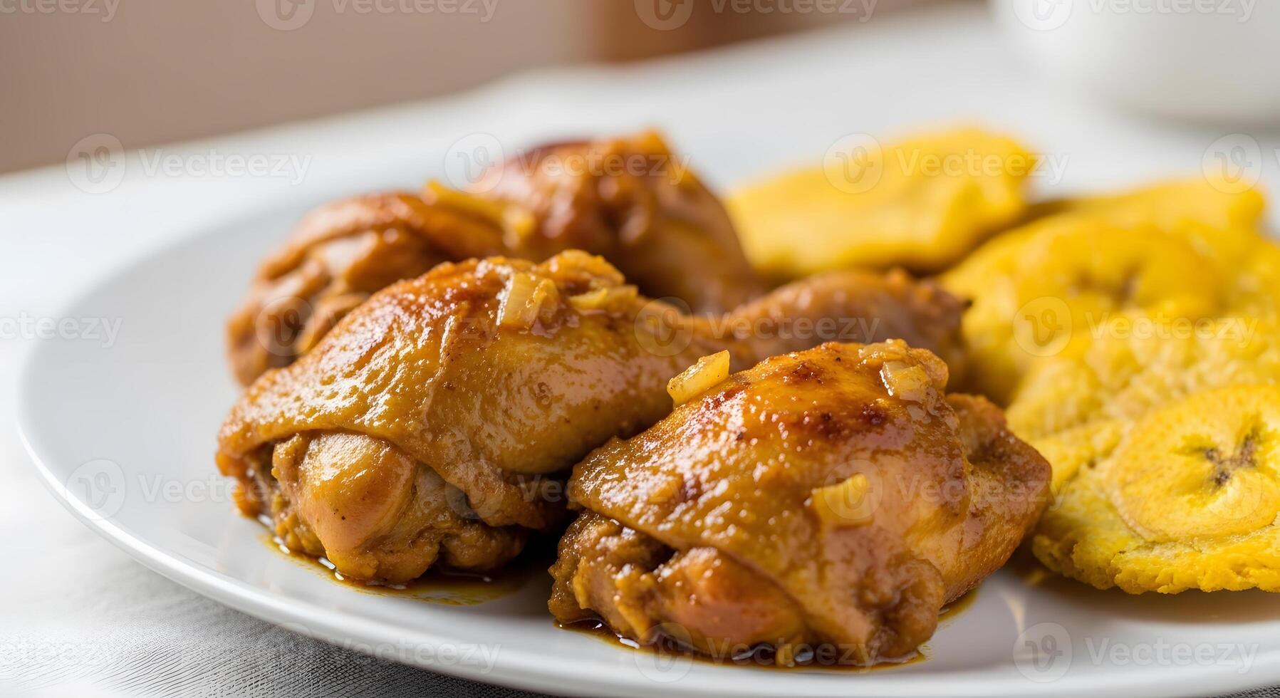 A plate of chicken and potatoes on a table photo