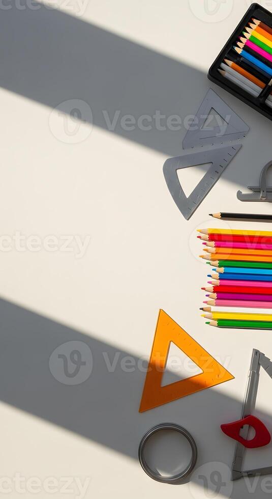 A table with a variety of pencils, rulers and other items photo