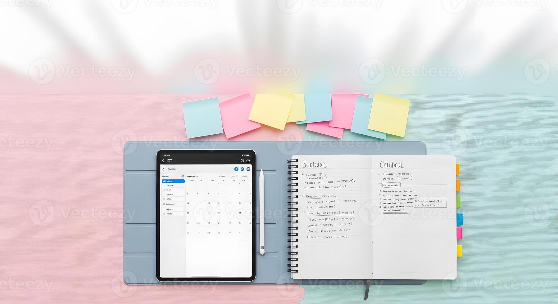 A planner, a phone and a notebook on a colorful table photo