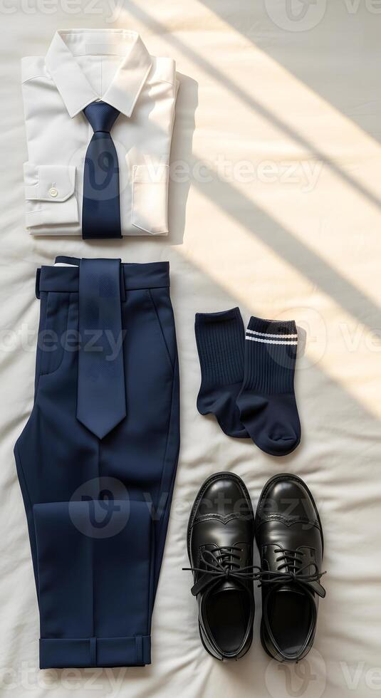 A pair of shoes, socks and a tie laying on a bed photo