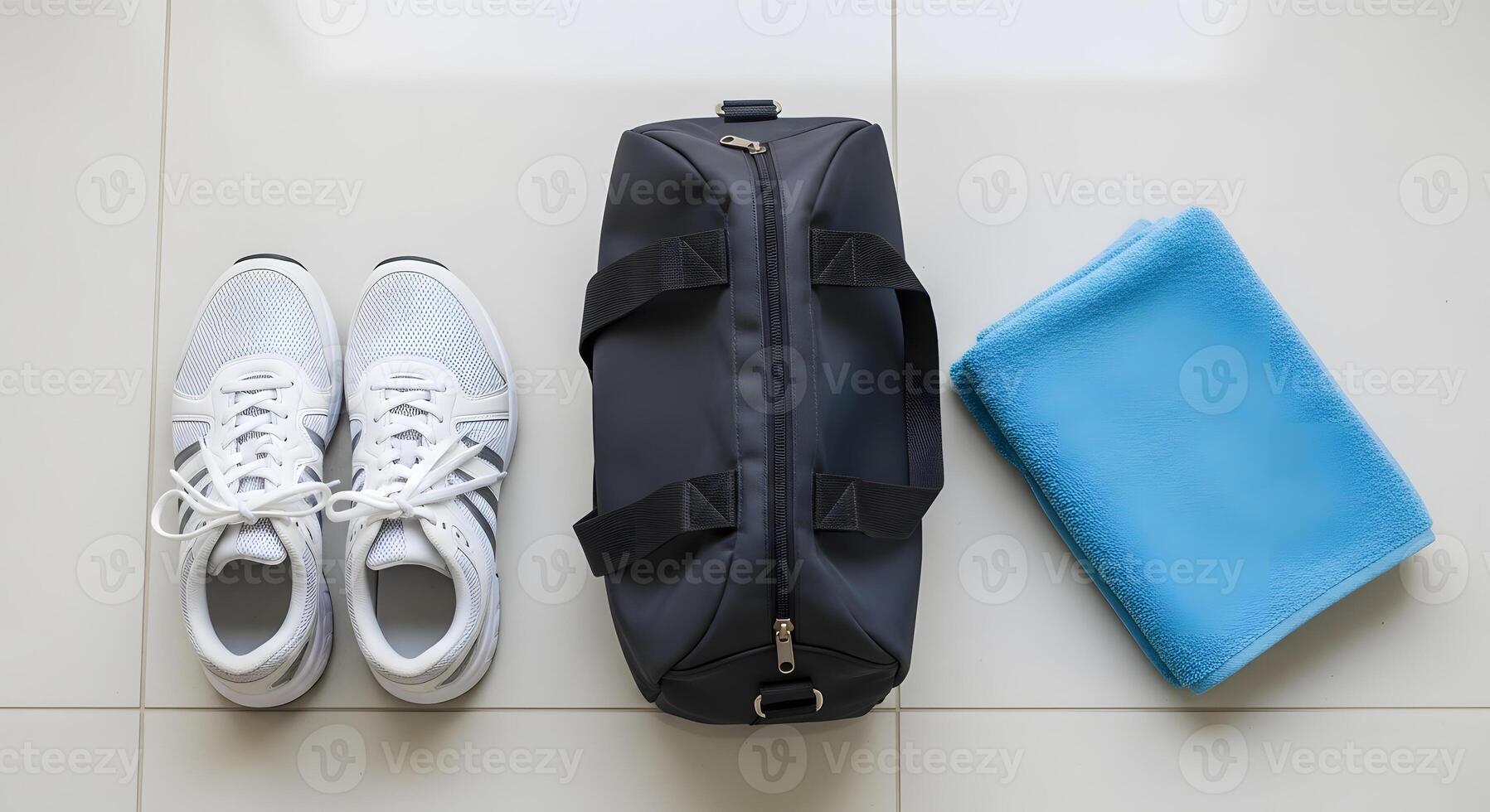 A pair of sneakers, a towel and a bag photo