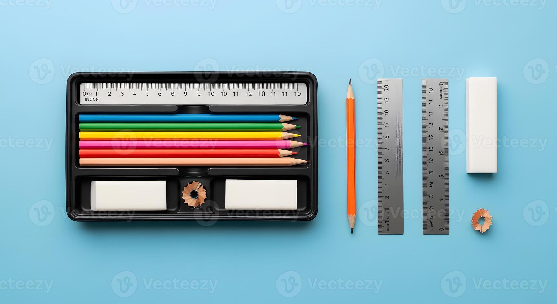 School supplies on blue background photo