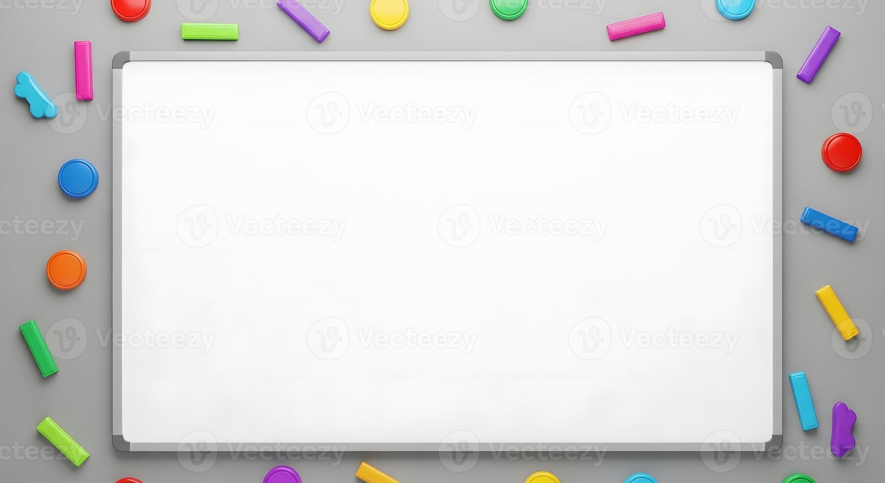 A white board surrounded by colorful pencils and erasers photo