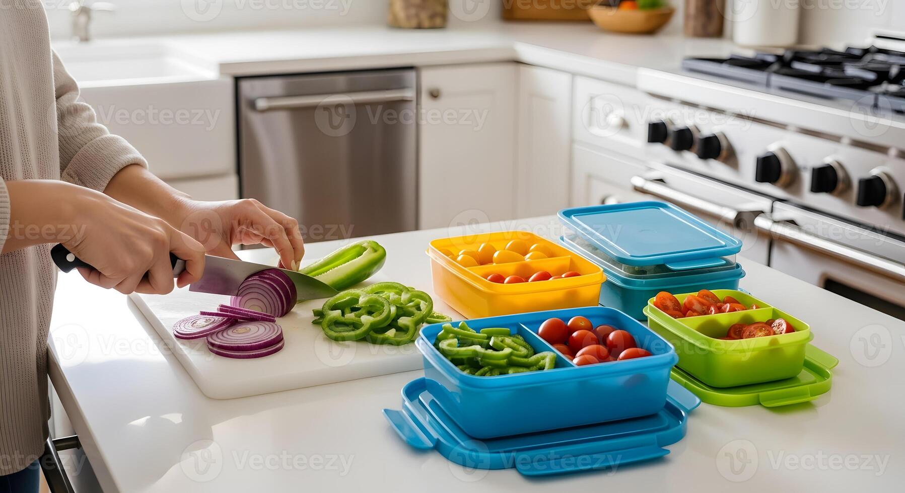 A woman is cutting vegetables in her kitchen photo