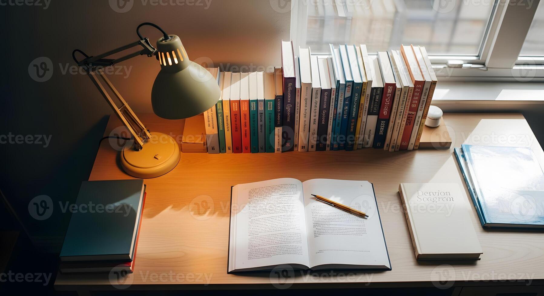 A desk with a lamp, books and a pen photo