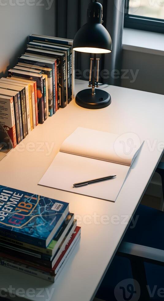 A desk with a lamp, a book and a notebook photo