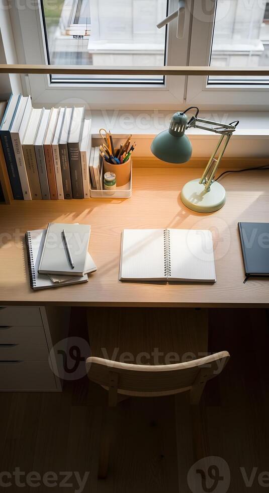 A desk with a lamp, notebook, and a chair photo
