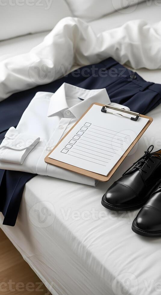 A pair of shoes, a clipboard and a shirt on a bed photo