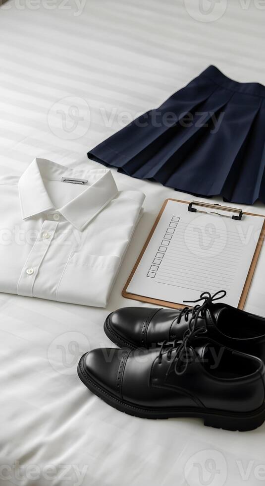 A pair of black shoes, a clipboard and a shirt on a bed photo