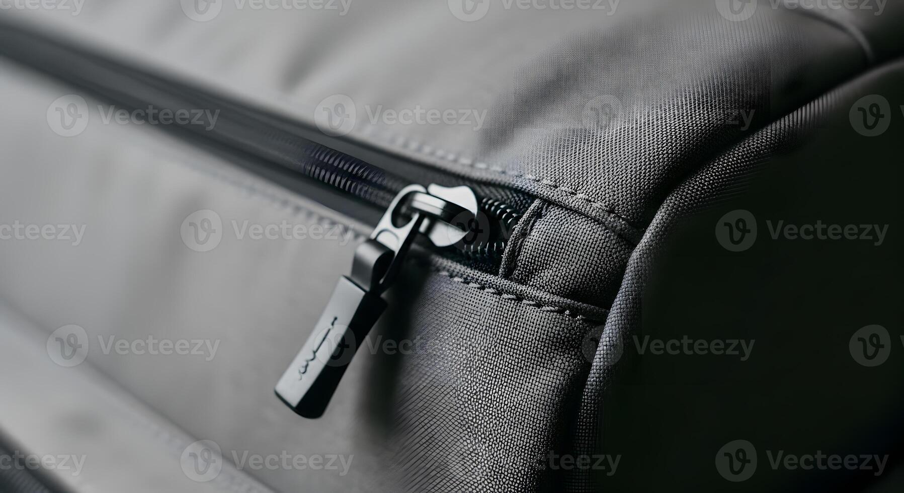 A close up of a zipper on a gray bag photo