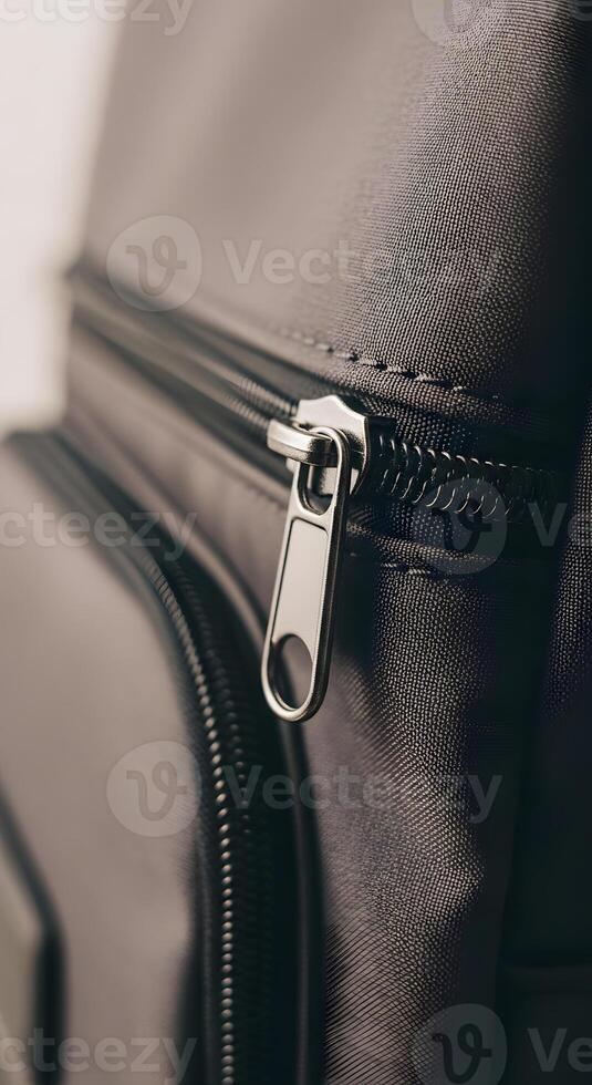 A close up of a zipper on a black backpack photo