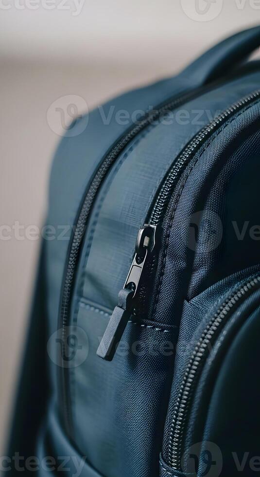 A close up of a blue backpack with zippers photo