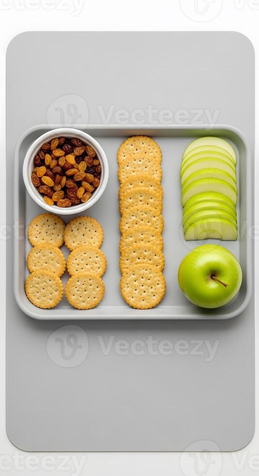 A tray with crackers, apples and nuts photo